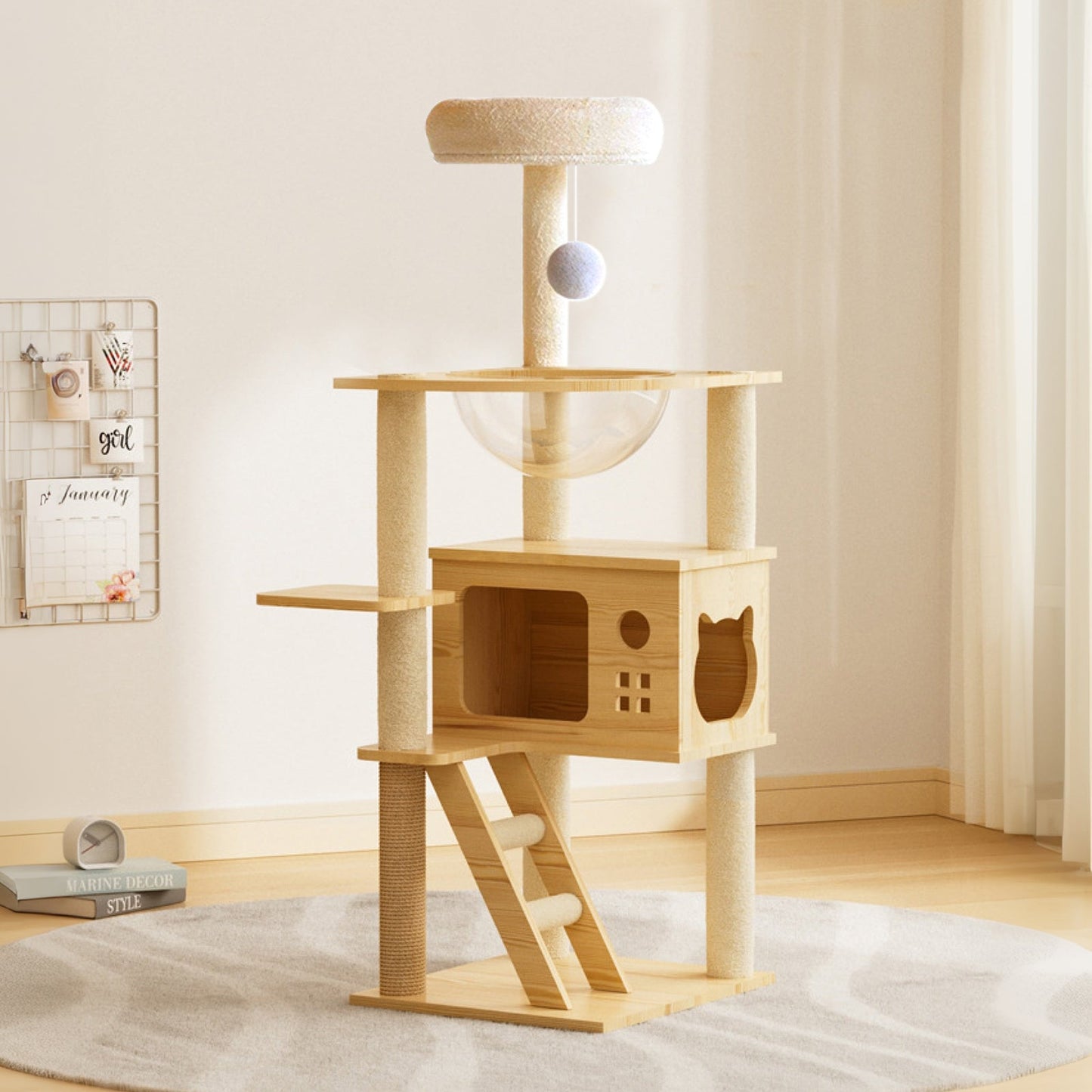 48.8' Modern Cat Tower, Wood Cat Tree Tower for Indoor Cats, Cat Tree with Sisal-Covered Scratching Posts and Top Perch, Cat Condo with Acrylic Hammock for Small Large Cats