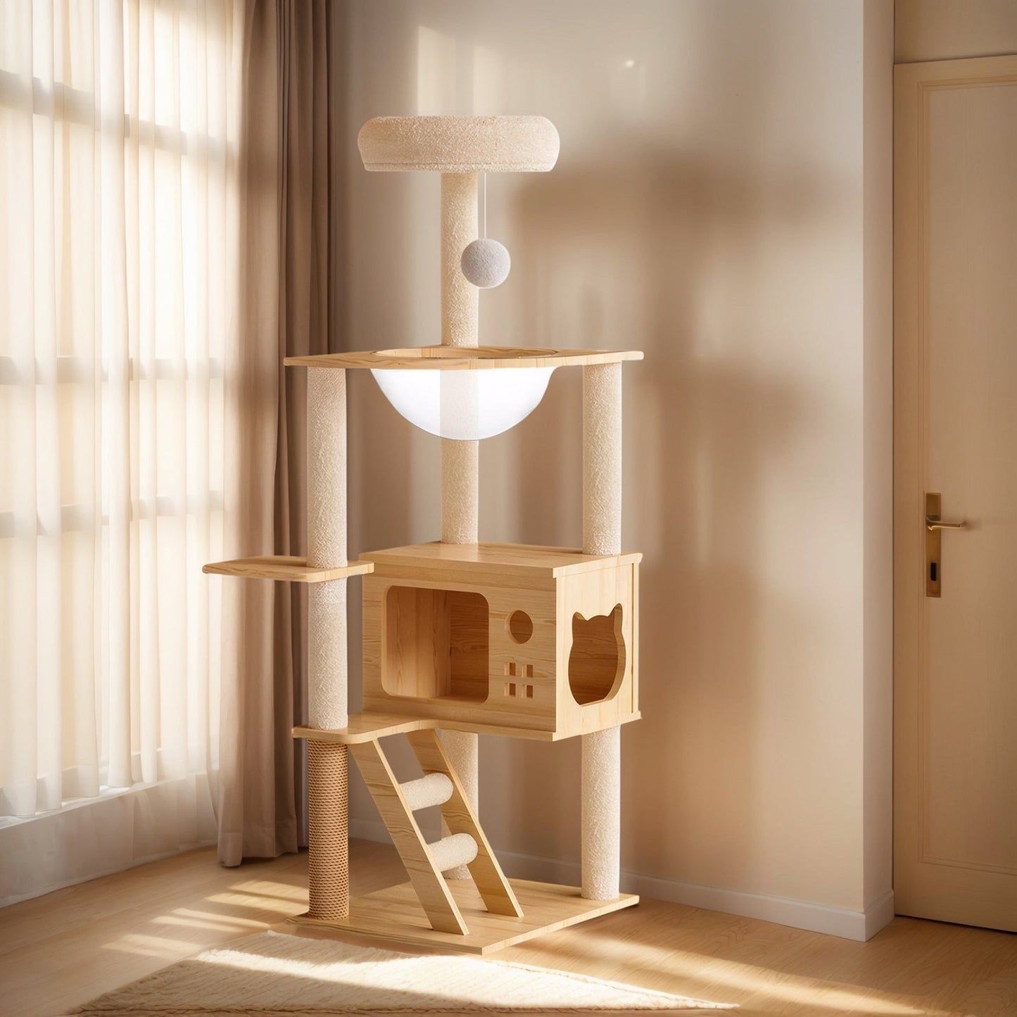 48.8' Modern Cat Tower, Wood Cat Tree Tower for Indoor Cats, Cat Tree with Sisal-Covered Scratching Posts and Top Perch, Cat Condo with Acrylic Hammock for Small Large Cats