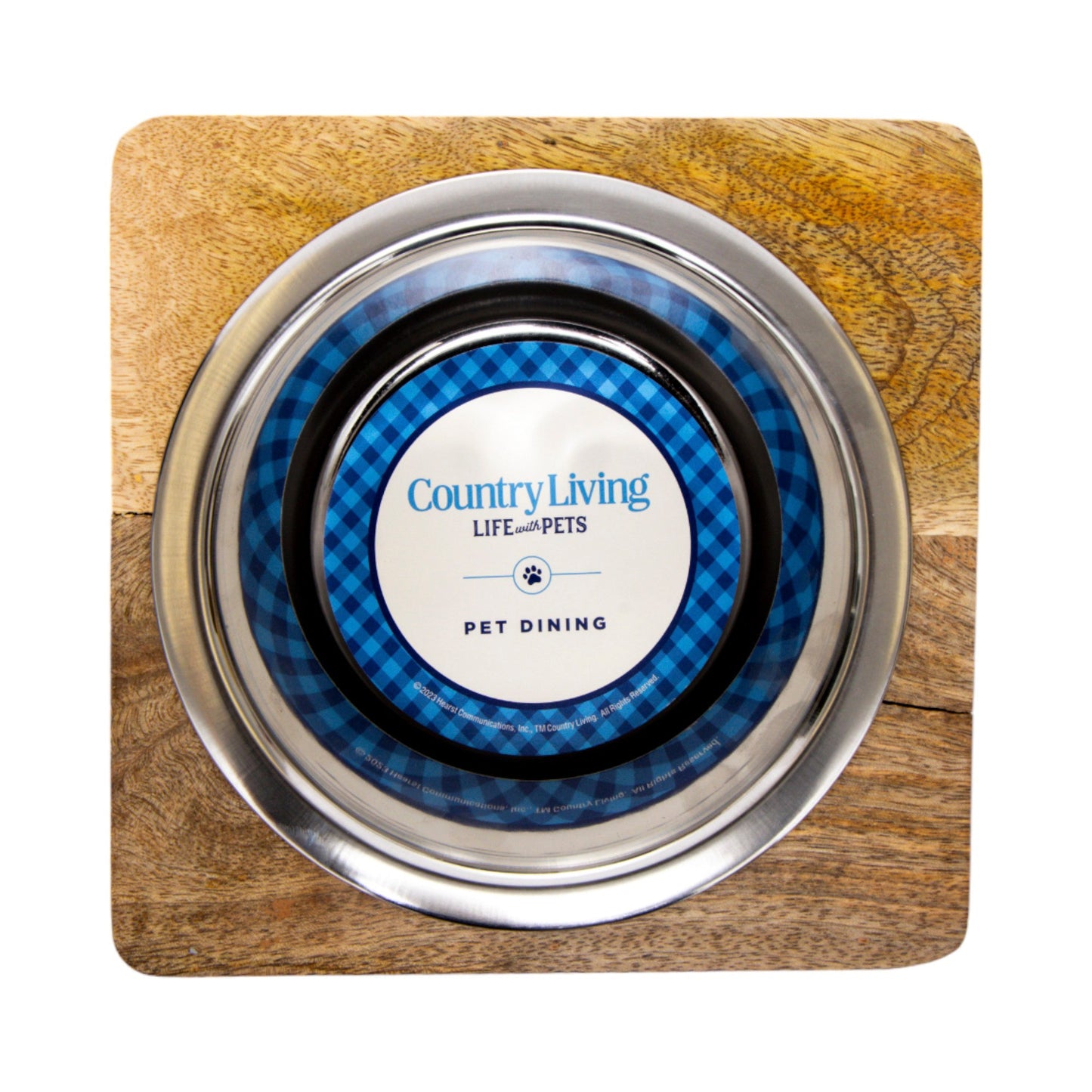 Country Living Elegant Stainless Steel Dog Bowl with Square Mango Wood Holder – 1 Quart