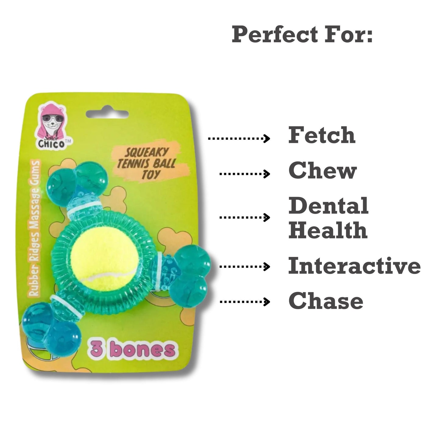 3-Bone TPR Chew Toy with Squeaker & Tennis Ball for Dogs – Removable Ball & Interactive Play