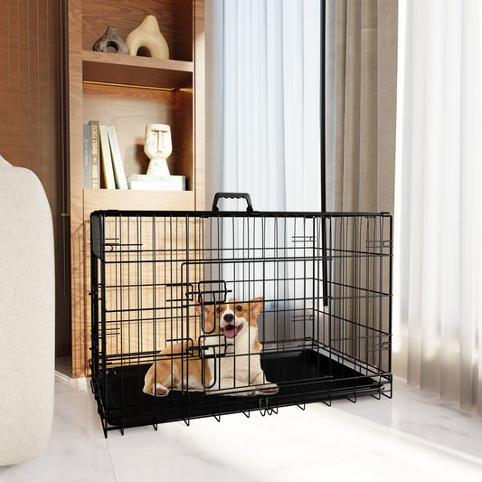 Heavy Duty 30 Inch Medium Dog Cage with Divider and Plastic Leak-Proof Pan Tray, Double Door Folding Metal Wire Cage for Indoor, Outdoor, and Travel, Made in Vietnam