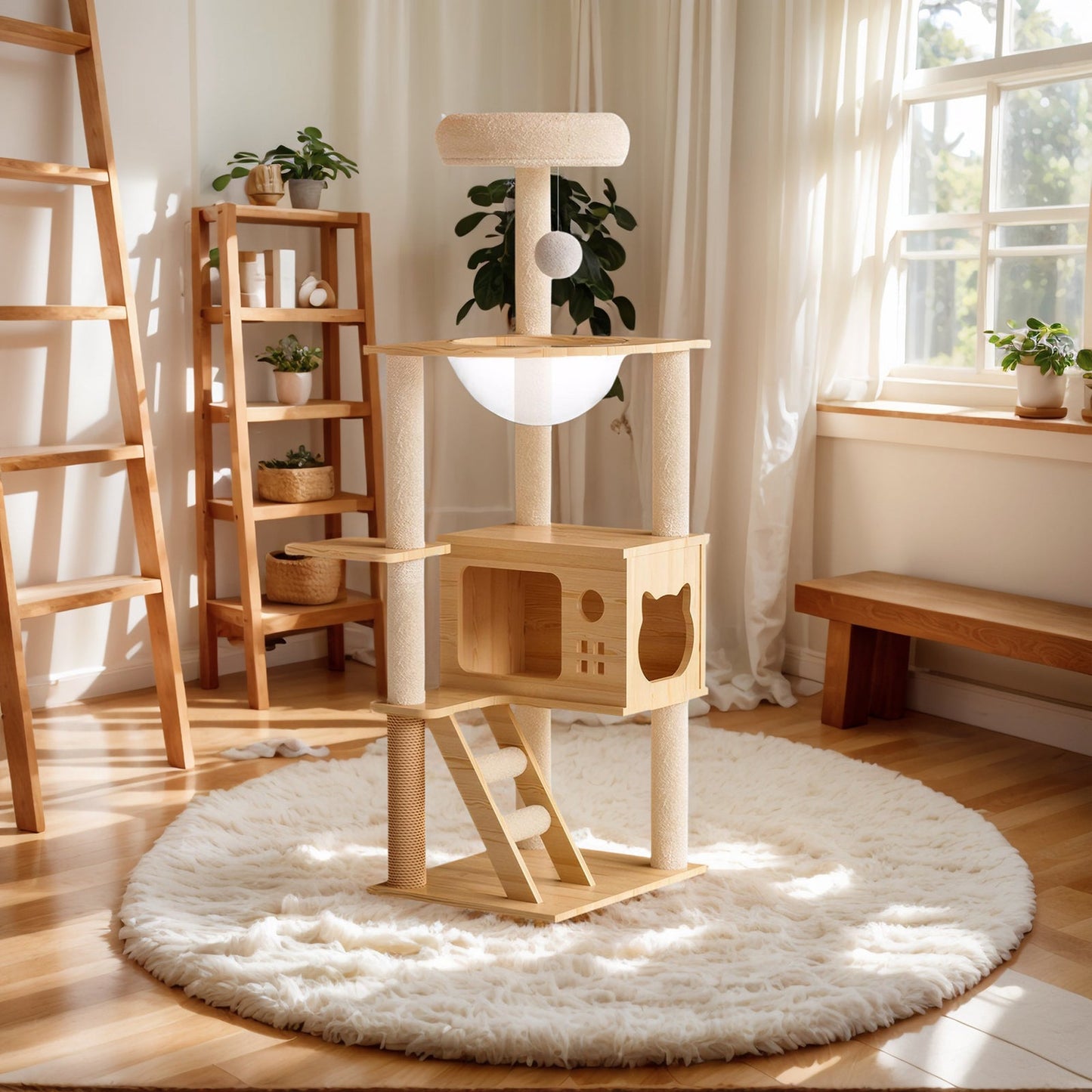 48.8' Modern Cat Tower, Wood Cat Tree Tower for Indoor Cats, Cat Tree with Sisal-Covered Scratching Posts and Top Perch, Cat Condo with Acrylic Hammock for Small Large Cats